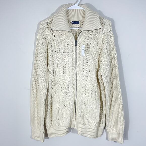 Gap Full Zip Cable Knit Sweater Cardigan Mens Size Large Ivory Chino Academy - Picture 1 of 8